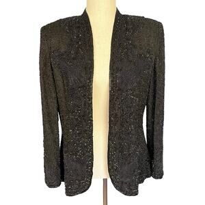 Niteline Della Roufogali Vintage 80's Beaded Silk Open Front Jacket Black Medium